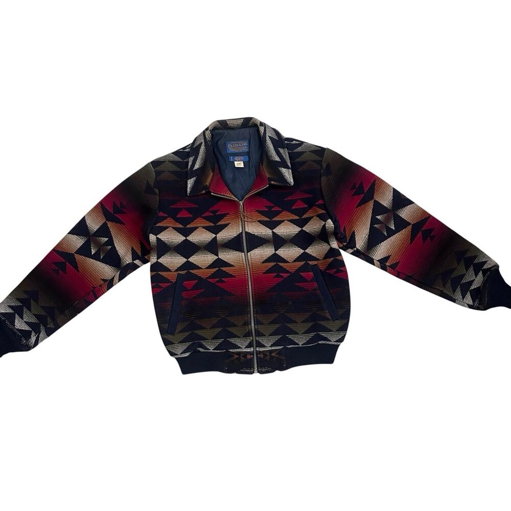 Vintage Pendleton 80s Aztec Navajo Blue Wool  Made In USA Bomber Jacket Medium